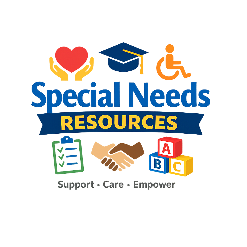image of helping hands holding heart, special needs wheelchair and the words SPECIAL NEEDS RESOURCES